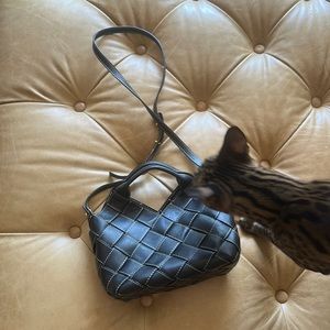 Loewe style woven leather inside out small black crossbody tote